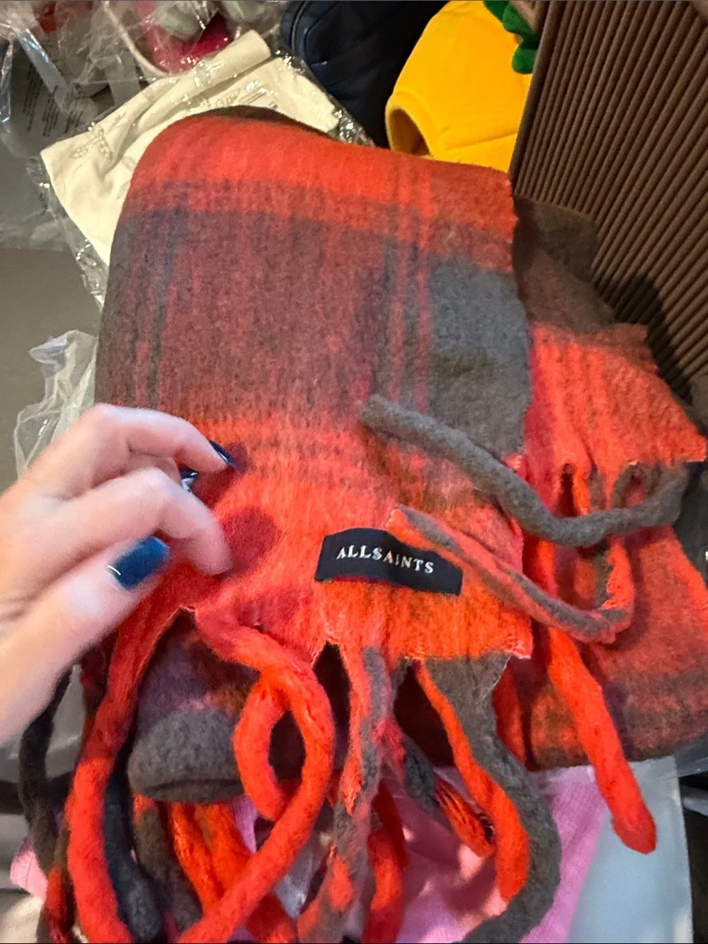 AllSaints Oversized Plaid Fringe Scarf in Orange and Green